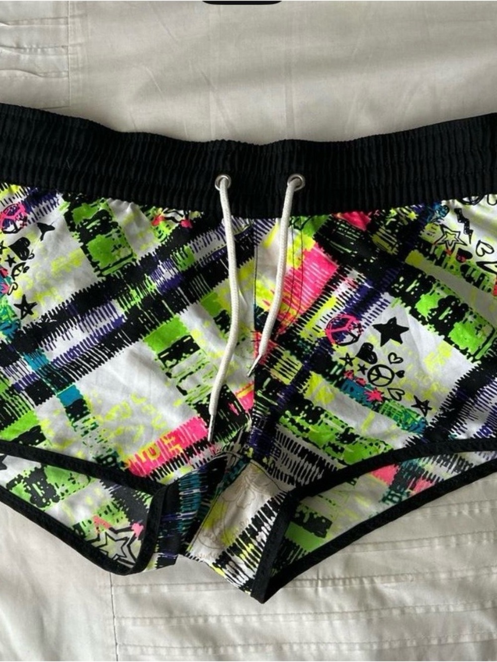 Neon Plaid Drawstring Shorts - Black Trim